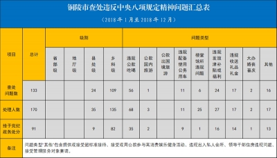 铜陵：2018年全市查处违反中央八项规定精神问题133起 处理170人