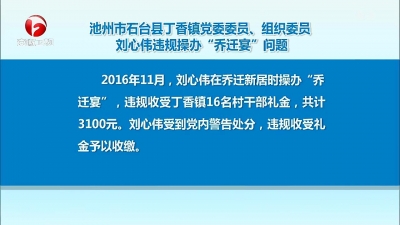 【廉政视点】池州市石台县丁香镇党委委员、组织委员刘心伟违规操办“乔迁宴”受处分