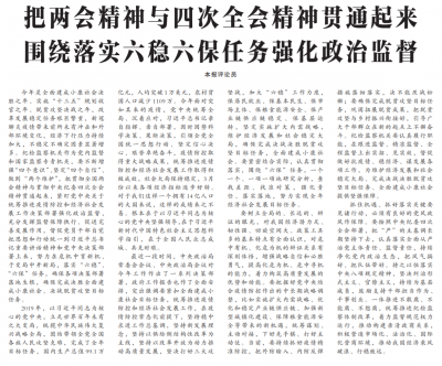 中国纪检监察报评论员：把两会精神与四次全会精神贯通起来 围绕落实六稳六保任务强化政治监督